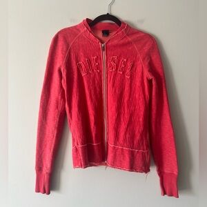 Diesel Zip Up Sweatshirt L Coral Pink Distressed Raw Hem Y2K Fitted Jacket